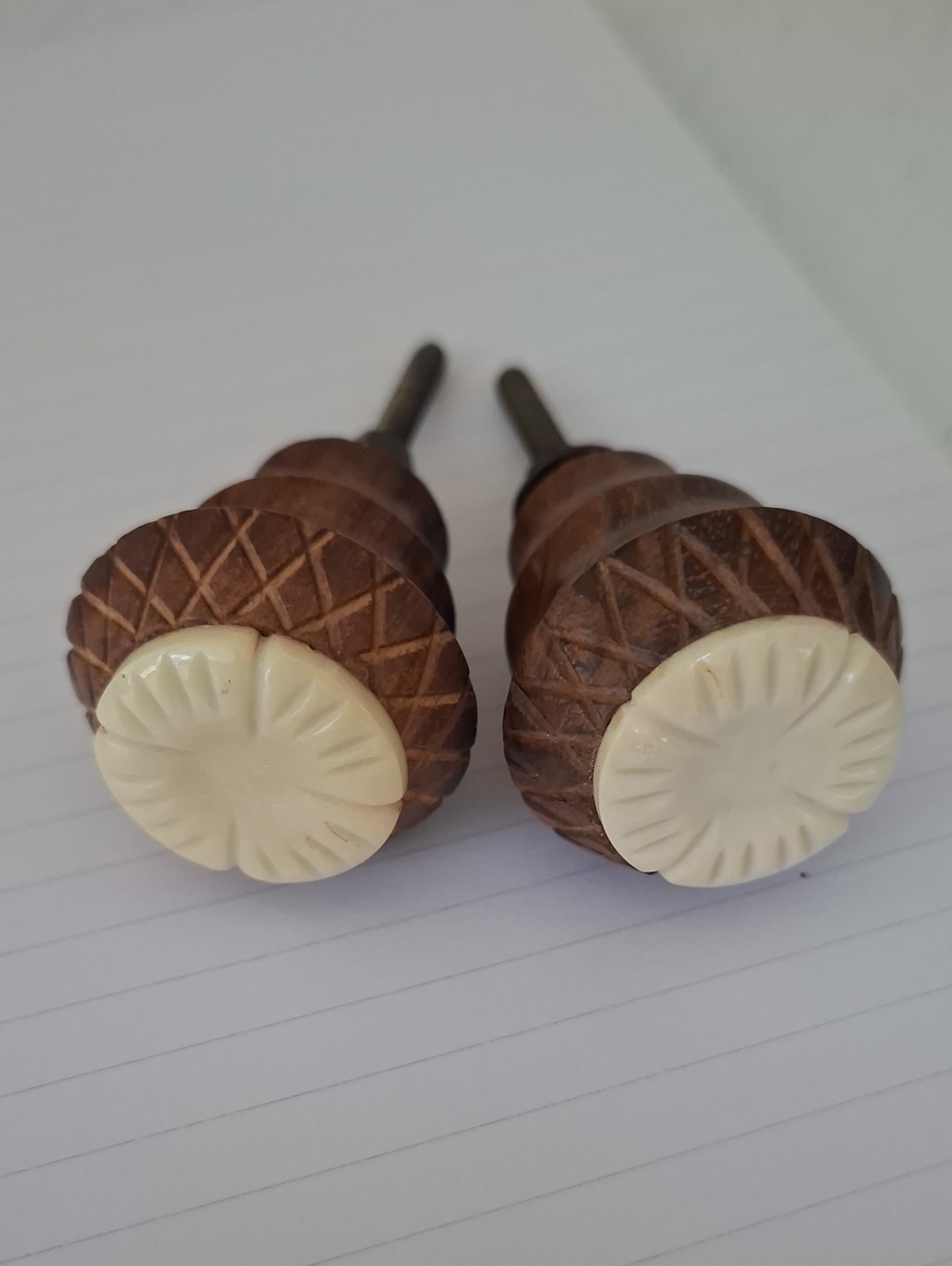 Pair Of Anthropologie Brown Wood and Ivory Floral Drawer Knobs